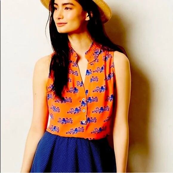 Anthropologie Maeve EUC Women's Orange Ruffle Sleeveless Octopus Blouse Size 2 - Picture 1 of 6